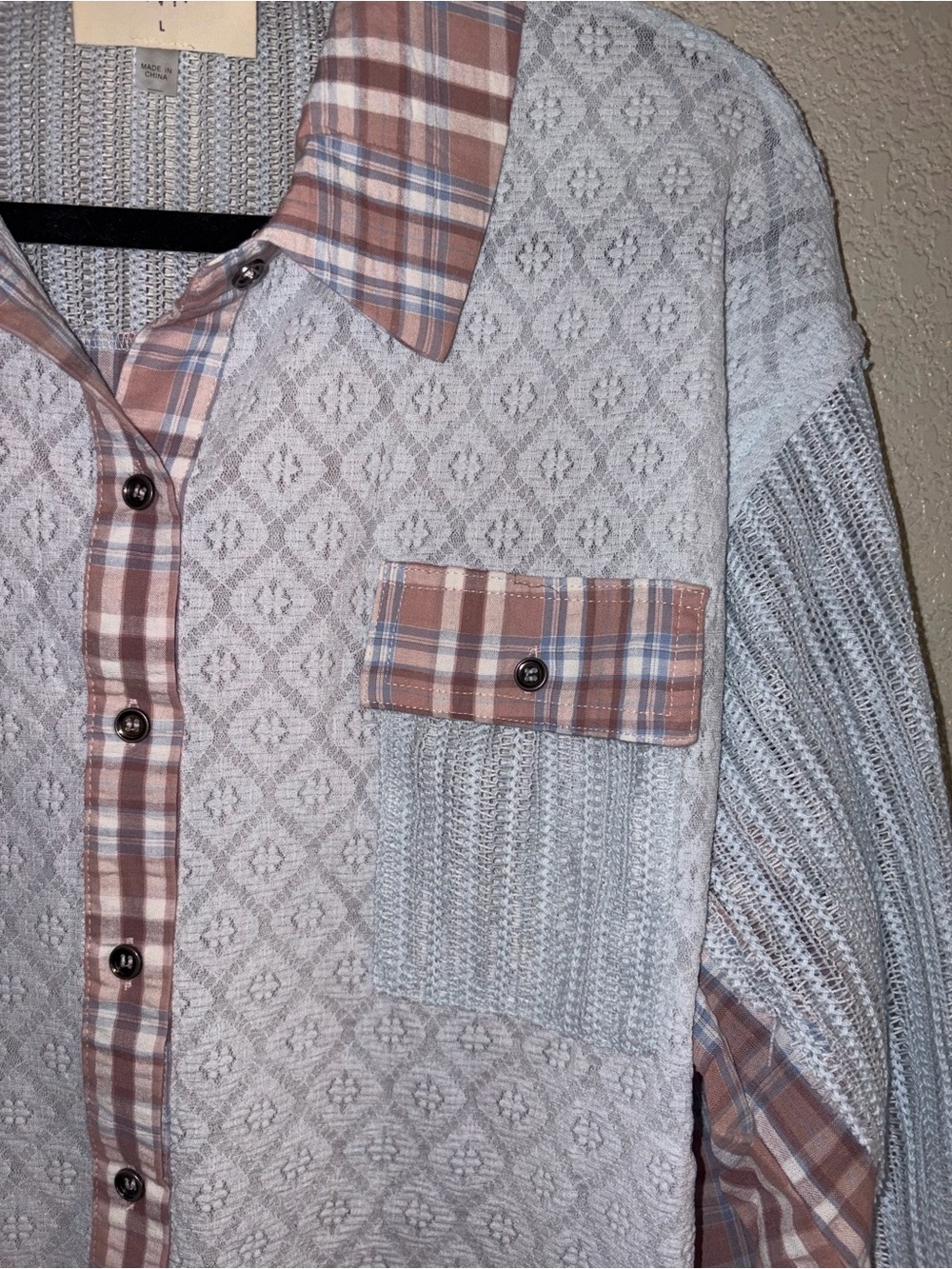 NIP Fantastic Fawn “Sky Blue🩵Blush💗Mixed Media Lace/Plaid Button-Up Shirt” LRG - Picture 12 of 16
